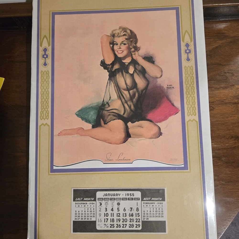American Vintage Pinup Art Calendar Print with Pink and Cream Accents